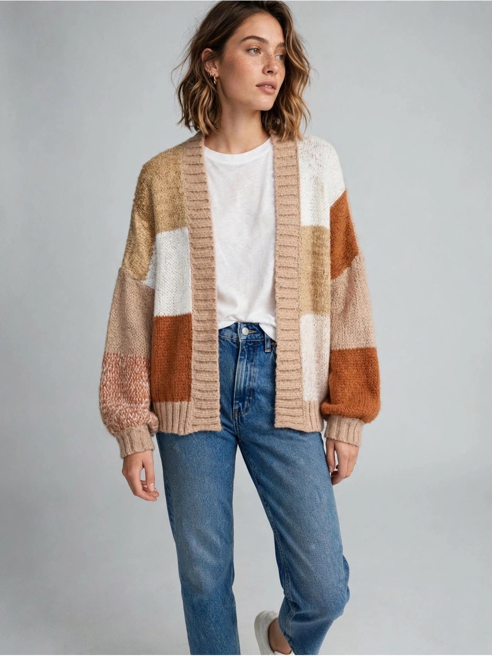 Chunky Patchwork Open-Front Cardigan in Cream, Tan & Rust